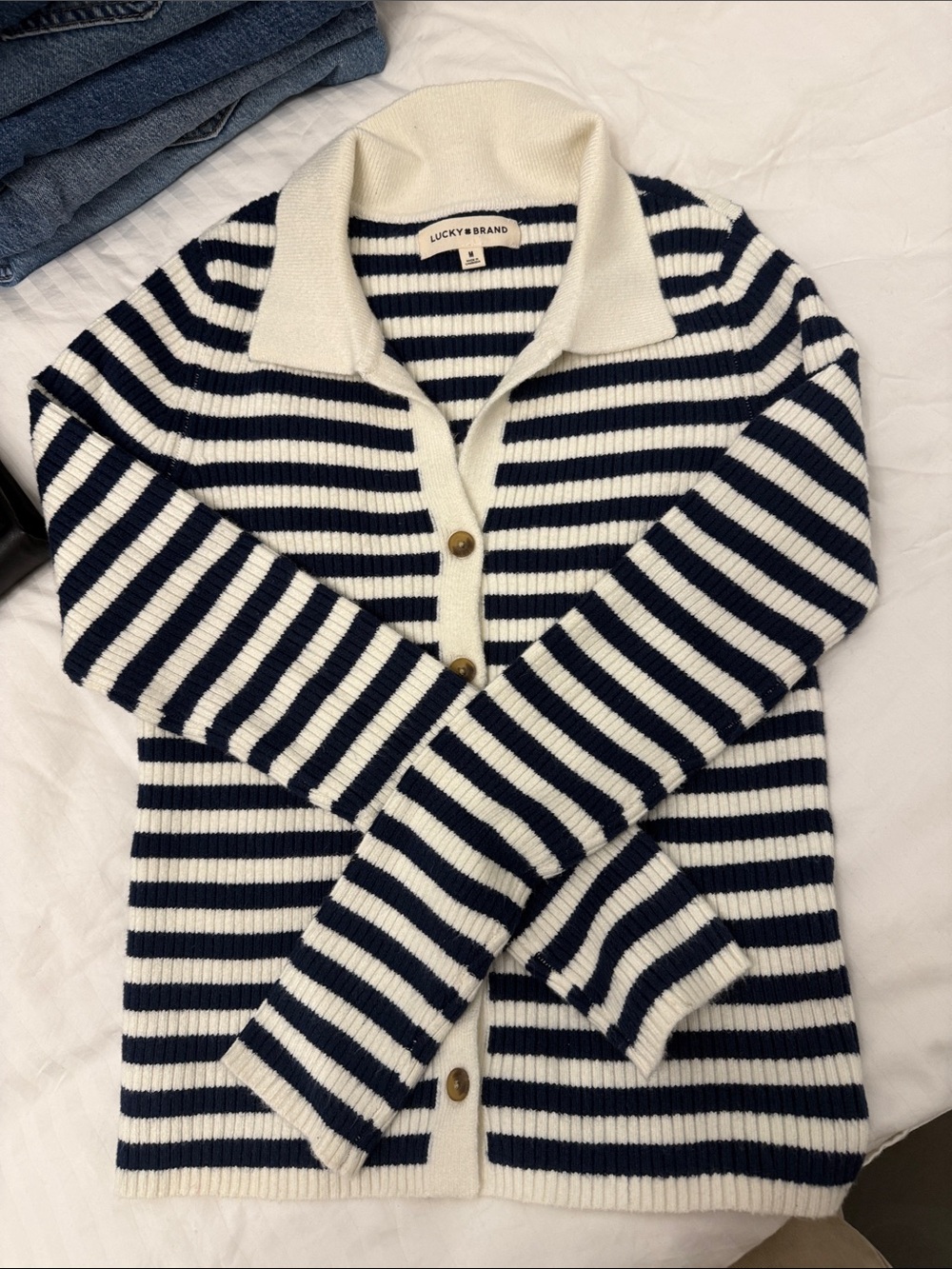 Lucky Brand Navy and White Striped Ribbed Button-Front Cardigan
